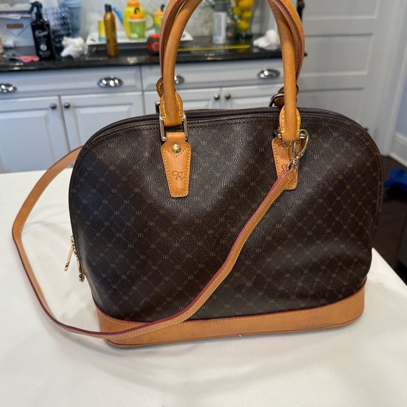 RIONI Signature Dome Handle/shoulder Bag Brown Canvas W/ Tan Leather Trim NEW! - Picture 3 of 15